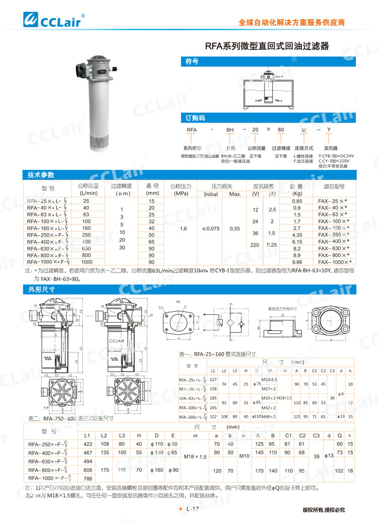 RFA系列微型直回式回油過濾器